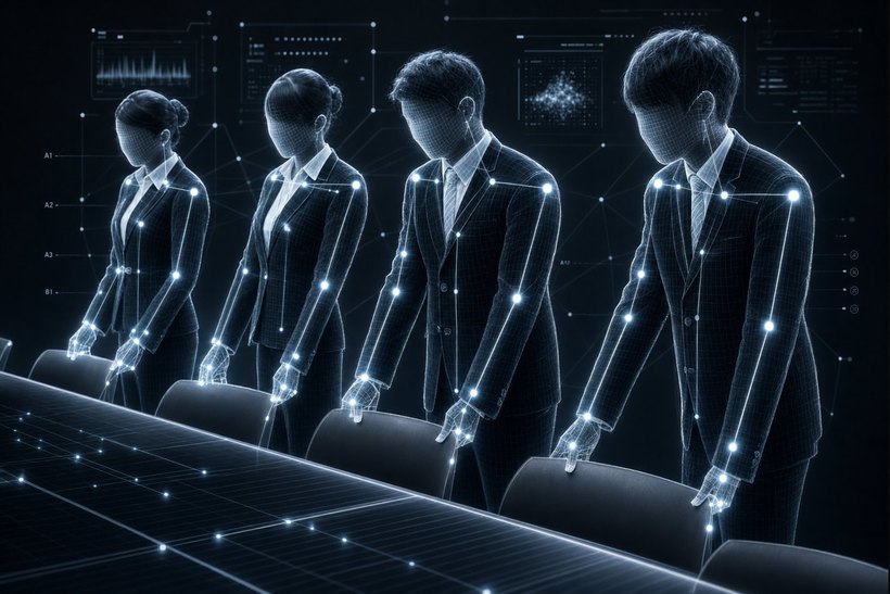 Four ambassadors bowing in line, drawn as glowing wireframes with their posture mapped point by point