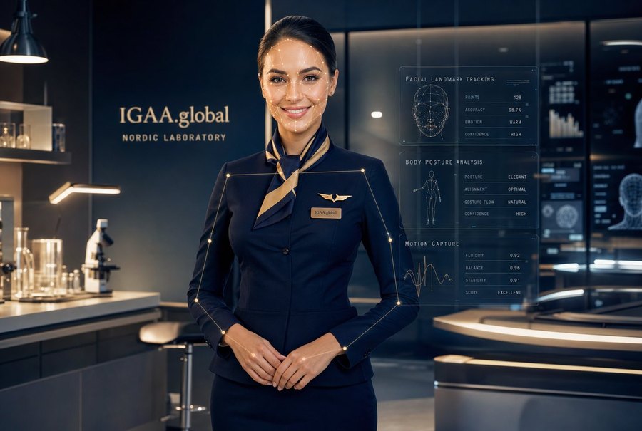 An IGAA Global service professional in the Nordic laboratory, with posture and expression analysis overlaid